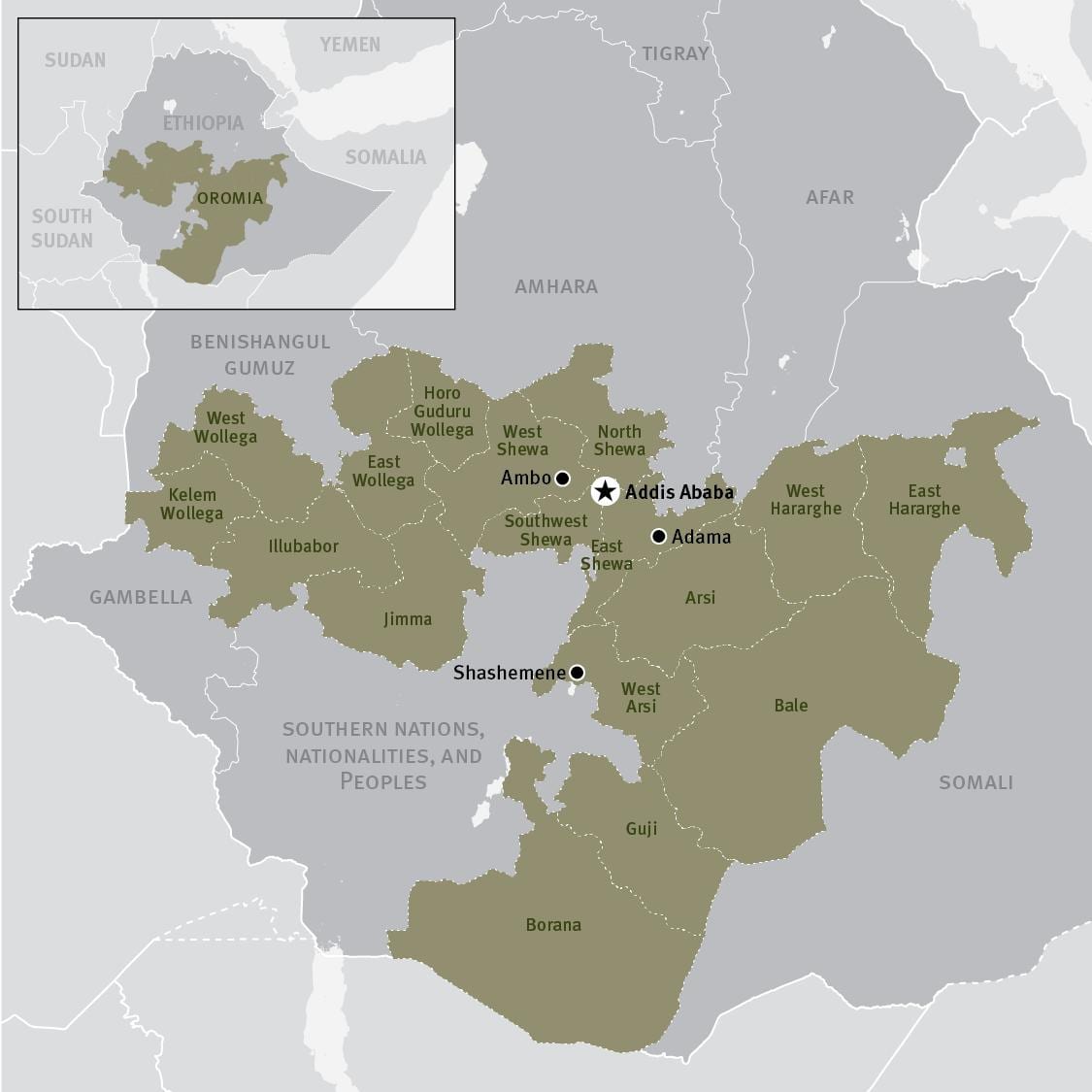 지도 oromia 지역에서 에티오피아